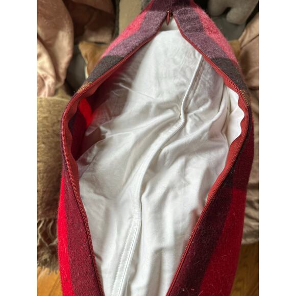 WILLIAMS SONOMA wool plaid pillow pink red green 20x20”with down feather insert - Picture 6 of 14